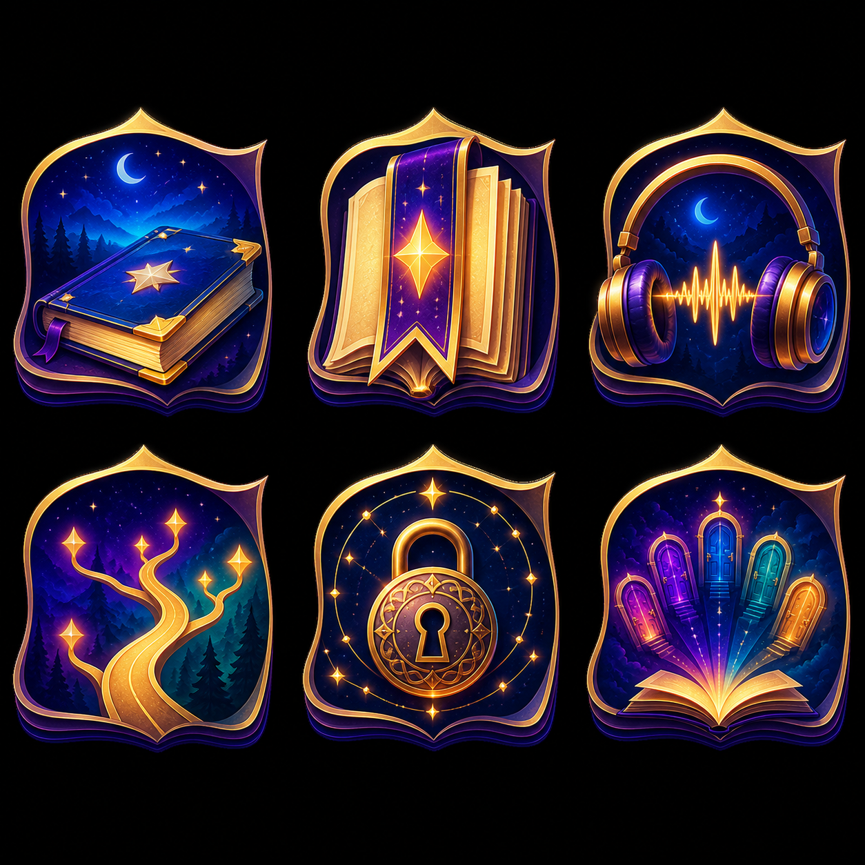 Storyfold icons for offline stories, saves, audio, branching paths, puzzles, and endings