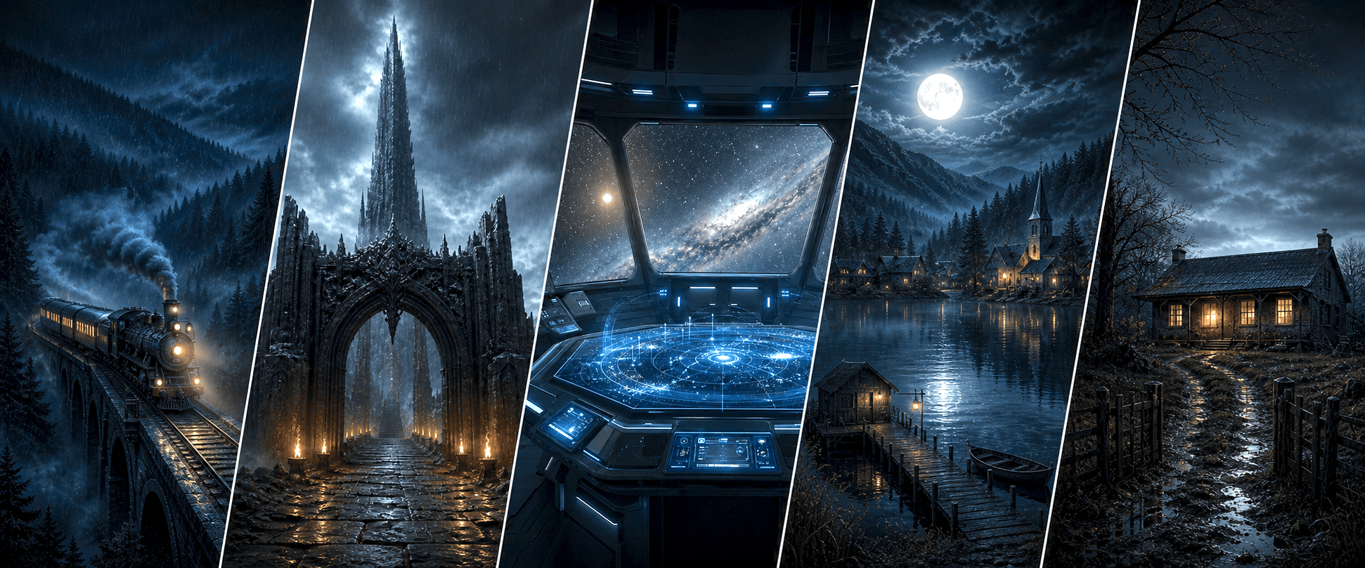 Five Storyfold heroes passing a luminous folded star between connected story worlds