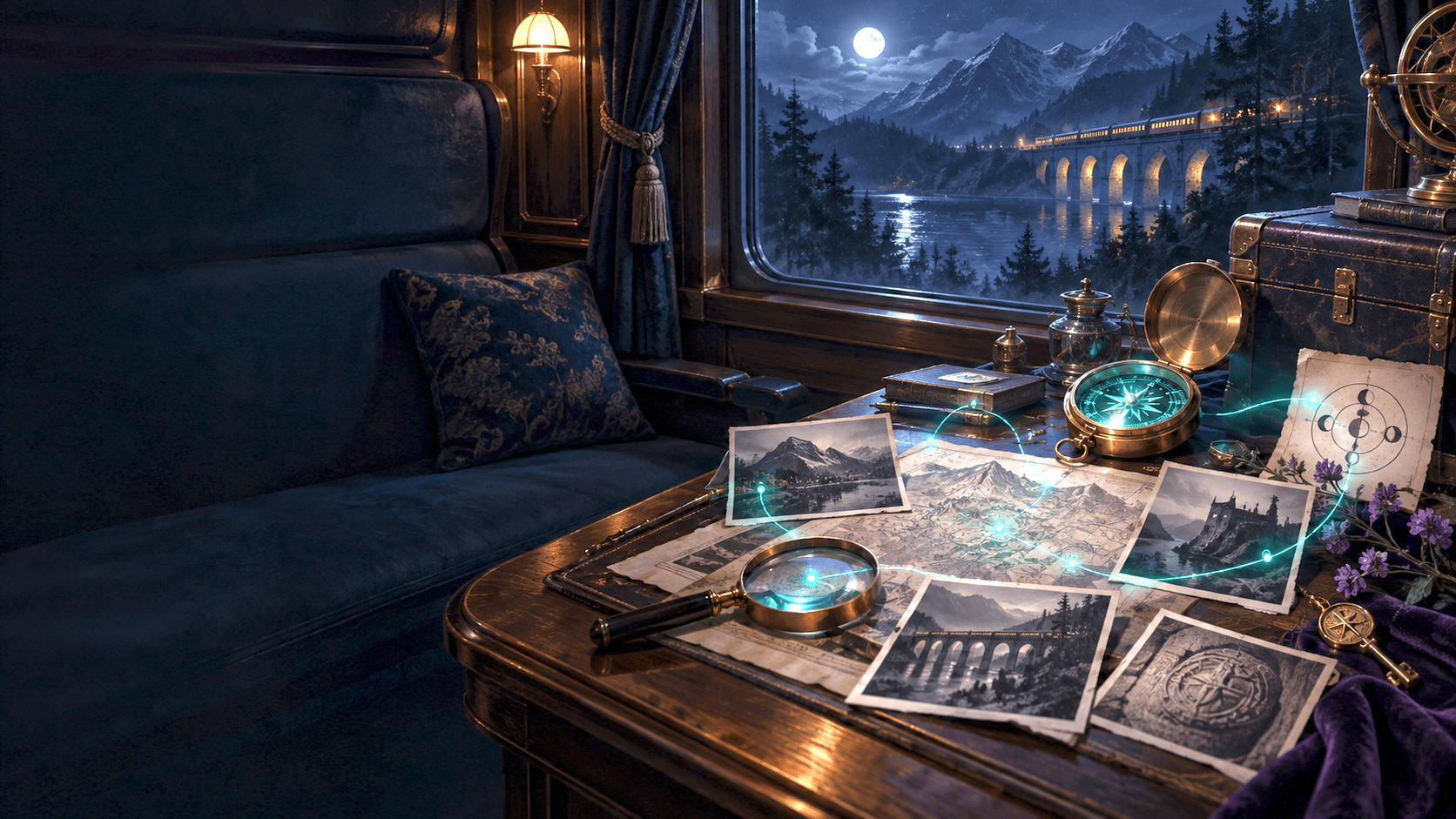 A moonlit train compartment with clues, photographs, and a glowing compass