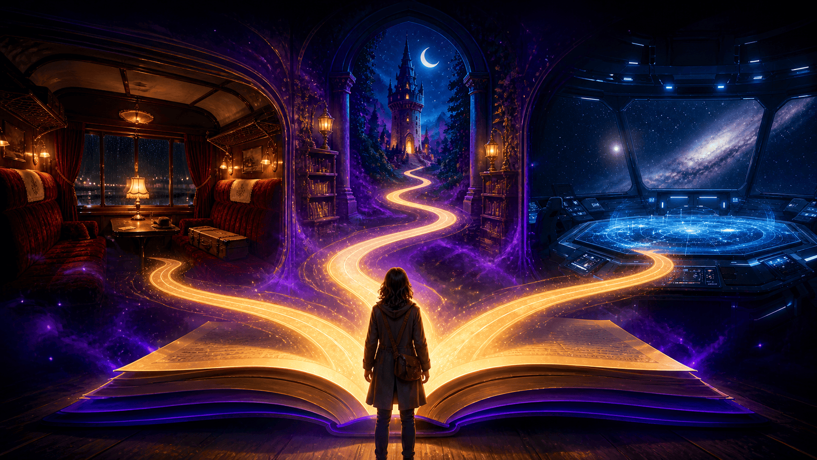 An open storybook with branching paths