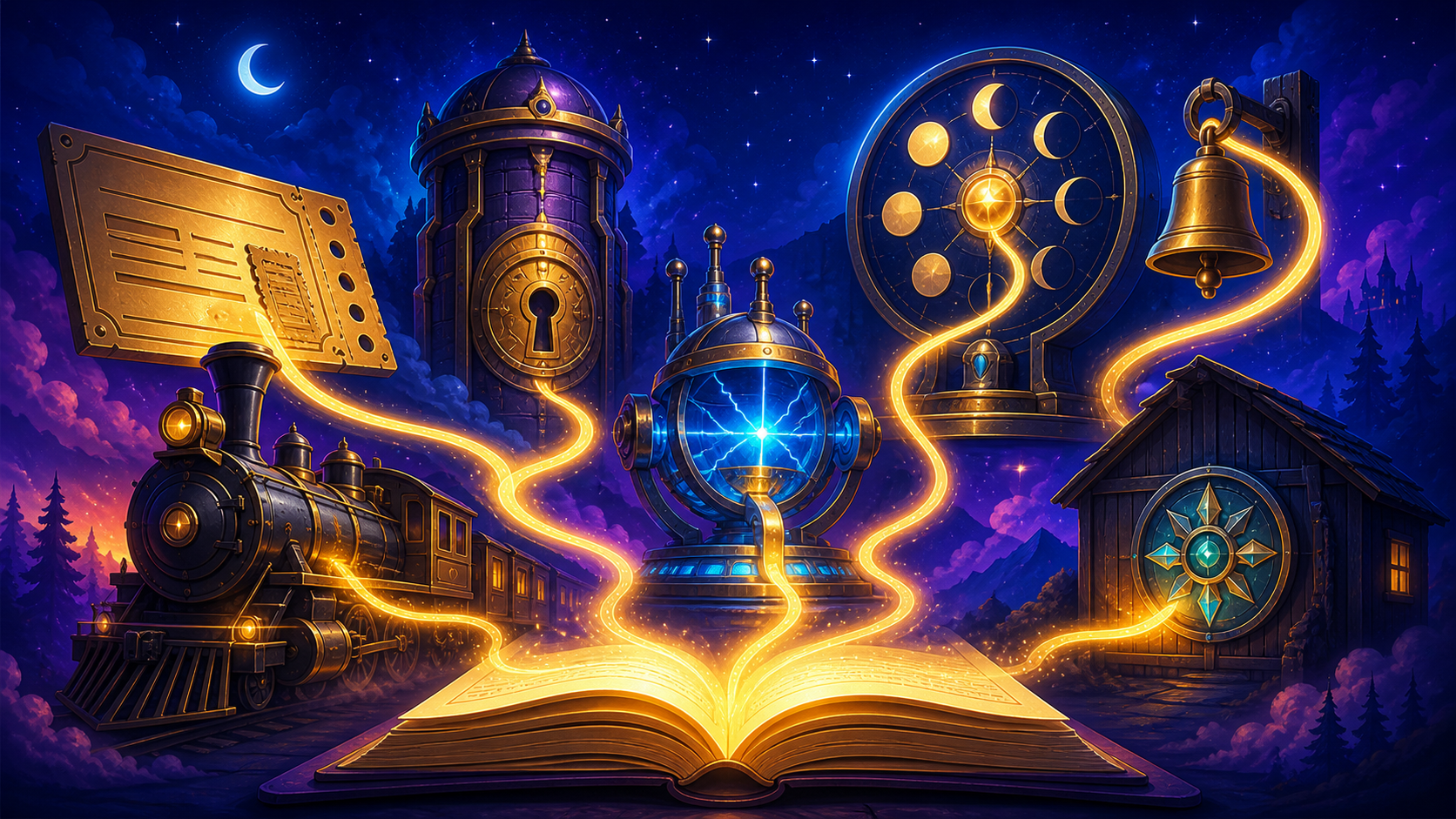 Story-native mechanisms from five Storyfold worlds connected by a luminous path