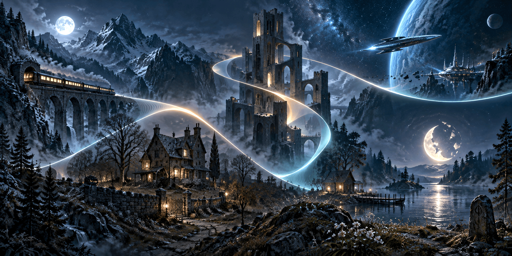 A train, tower, starship, old house, and moonlit lake from the Storyfold worlds