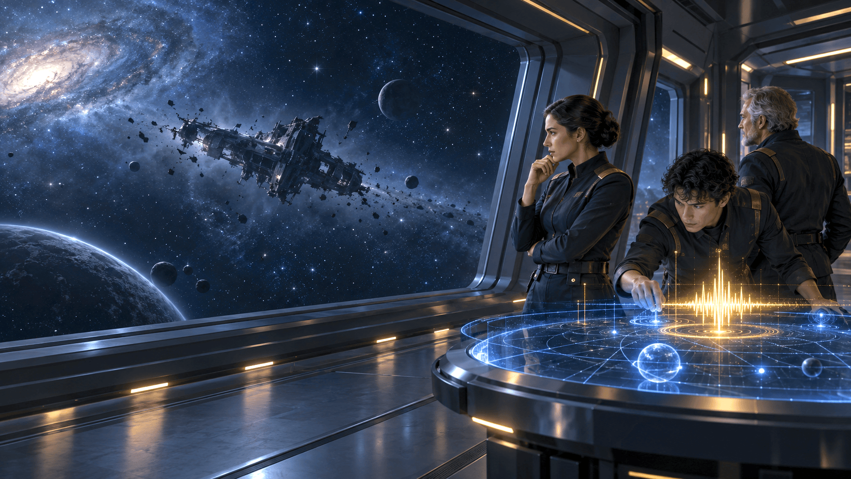 The crew studies a distress signal beside the starship observation bay