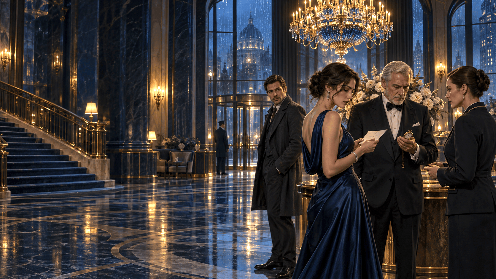 Guests gather beneath the chandelier of the Aurelian Hotel on a rain-soaked night